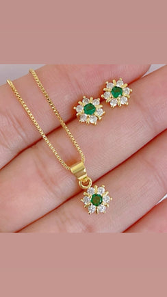 Set cadena+dije+aretes flor circón verde