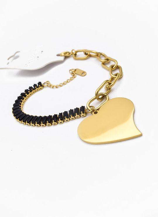 Pulsera corazón dorado y circones  negros